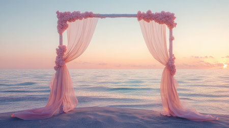 A dreamy wedding arch with blush roses and flowing fabric, glowing softly in the sunset light over a tranquil beach. No people.の素材