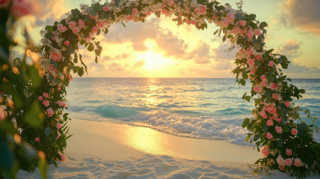 A floral wedding arch surrounded by white sand and gentle waves, bathed in the warm light of sunset. No people.の素材