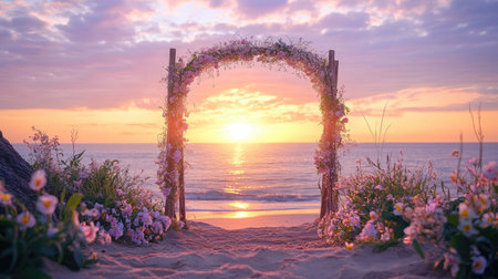 A simple wooden arch adorned with soft flowers and trailing vines, overlooking a serene beach at sunset. No people.の素材