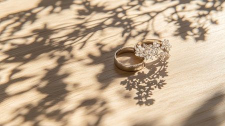 A coupleas wedding rings on a light wooden table with a delicate floral shadow in warm light.の素材