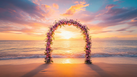 A floral beach wedding arch glowing softly under the warm colors of sunset, framed by calm ocean waves. No people.の素材