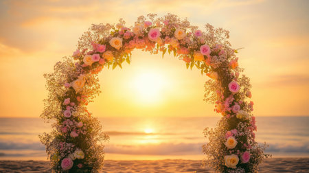 A romantic beach wedding arch adorned with pastel flowers, glowing softly at sunset, with a golden sky in the background. No people.の素材