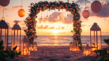A romantic floral beach wedding arch framed by lanterns and candles, glowing softly in the warm sunset. No people.の素材