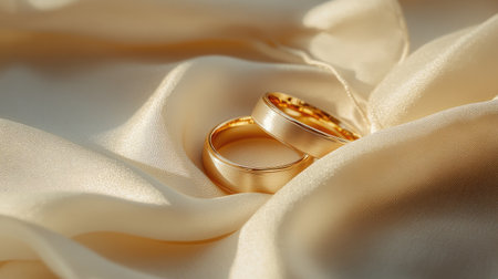 Close-up of golden wedding rings on a light fabric background with warm sunlight illuminating them.の素材
