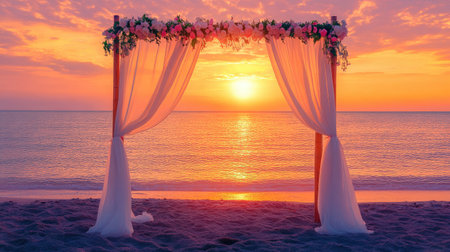 A romantic beach wedding arch with roses and silk drapes, glowing against a vivid orange and pink sunset. No people.の素材