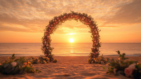 A picturesque beach wedding arch decorated with eucalyptus and pastel blooms, glowing under a fiery orange sunset. No people.の素材