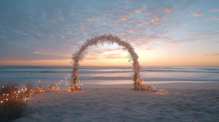 A delicate beach wedding arch with blush flowers and twinkling fairy lights under the warm glow of sunset. No people.の素材