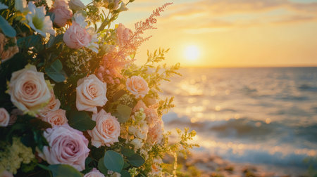 Beach wedding arch of pastel flowers and greenery, lit by the warm golden rays of the setting sun. No people.の素材