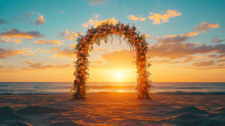 A romantic beach wedding arch with peach and ivory blossoms, glowing under the golden rays of sunset. No people.の素材