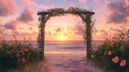 A simple wooden arch adorned with soft flowers and trailing vines, overlooking a serene beach at sunset. No people.の素材