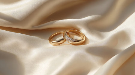 A pair of gold rings with diamond accents on a cream satin cloth, bathed in warm sunlight.の素材