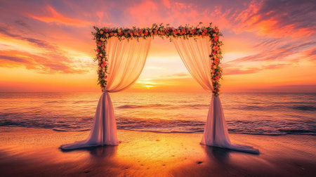 A romantic beach wedding arch with roses and silk drapes, glowing against a vivid orange and pink sunset. No people.の素材