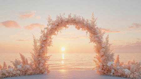 A wedding arch with soft peach and ivory flowers, placed on a tranquil beach with the sun setting into the horizon. No people.の素材