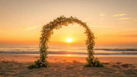 A picturesque beach wedding arch decorated with eucalyptus and pastel blooms, glowing under a fiery orange sunset. No people.の素材