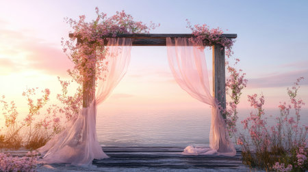 A rustic wooden arch draped with soft pink flowers and sheer fabric, overlooking the ocean at sunset. No people.の素材