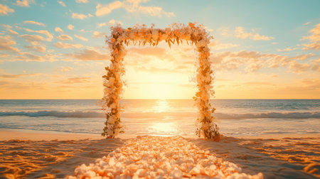 A romantic beach wedding arch with peach and ivory blossoms, glowing under the golden rays of sunset. No people.の素材