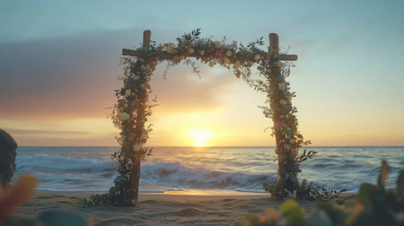 A rustic beach wedding arch adorned with wildflowers and eucalyptus, glowing in the soft hues of sunset. No people.の素材