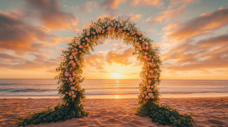 A picturesque beach wedding arch decorated with eucalyptus and pastel blooms, glowing under a fiery orange sunset. No people.の素材