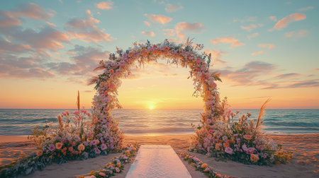 A whimsical wedding arch decorated with pastel flowers, set on a sandy beach under the warm colors of sunset. No people.の素材