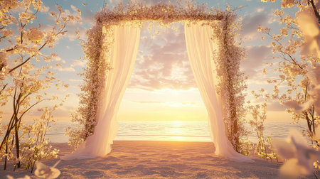 A stunning beach wedding arch with delicate white flowers and silk drapes, glowing softly at sunset. No people.の素材