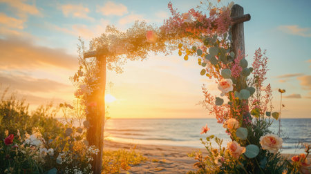 A rustic beach wedding arch adorned with wildflowers and eucalyptus, glowing in the soft hues of sunset. No people.の素材