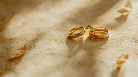 Close-up of golden wedding rings on a light beige background, radiating warmth and love.の素材