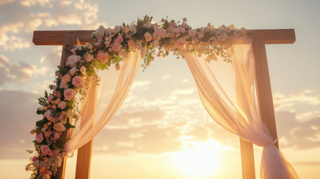 A wooden wedding arch decorated with tropical flowers and sheer fabric, glowing in the soft light of sunset. No people.の素材
