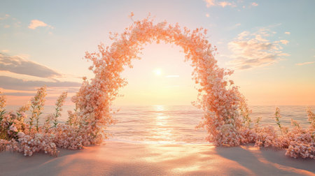 A wedding arch with soft peach and ivory flowers, placed on a tranquil beach with the sun setting into the horizon. No people.の素材