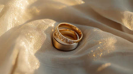 Close-up of golden wedding rings on a light fabric background with warm sunlight illuminating them.の素材