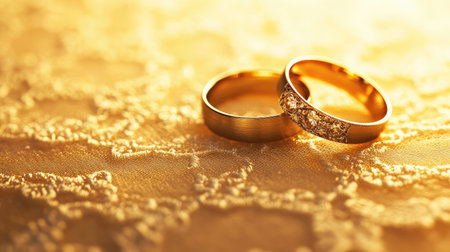 Close-up of wedding rings on a lace background, lit by soft, golden hues for a romantic effect.の素材