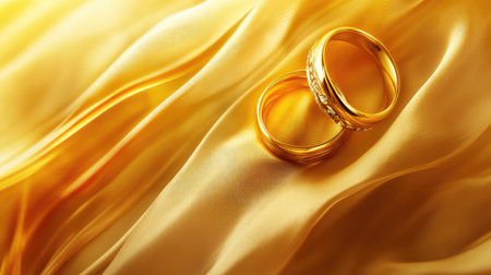 Close-up of golden wedding rings on a light fabric background with warm sunlight illuminating them.の素材