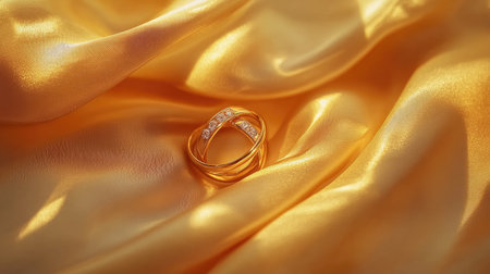 Close-up of intertwined wedding rings on a soft cream fabric, glowing under a romantic golden light.の素材