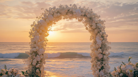 Elegant wedding arch with soft white and blush flowers, framed by a golden sunset over calm ocean waves. No people.の素材