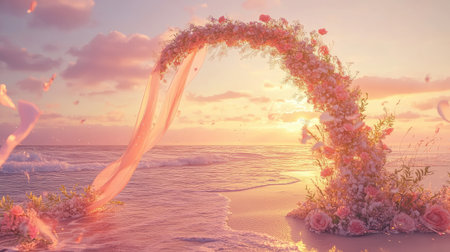 Romantic wedding arch on a serene beach, with soft flowers and ribbons swaying gently in the sunset breeze. No people.の素材