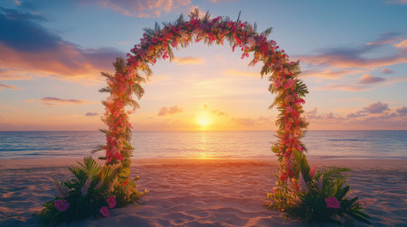 Elegant floral beach wedding arch with tropical blooms, glowing under the vibrant colors of sunset. No people.の素材