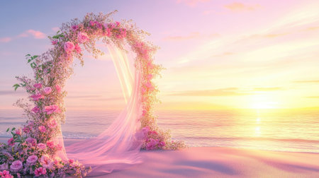 Romantic wedding arch on a serene beach, with soft flowers and ribbons swaying gently in the sunset breeze. No people.の素材