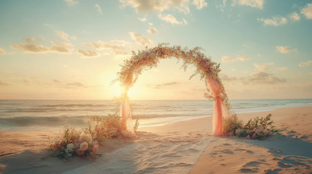 Romantic wedding arch on a serene beach, with soft flowers and ribbons swaying gently in the sunset breeze. No people.の素材