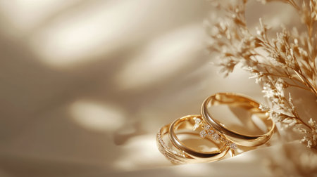 Elegant gold wedding rings on a light cream background, softly illuminated with a warm, romantic glow.の素材