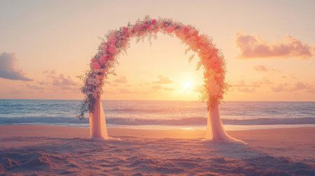 Floral wedding arch with delicate ribbons, placed on a quiet beach glowing under the golden hues of sunset. No people.の素材