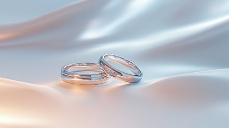 Two elegant wedding rings resting on a soft white background with a glowing romantic ambiance.の素材