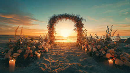Romantic beach wedding arch surrounded by floral arrangements and candles, glowing in the warm hues of sunset. No people.の素材
