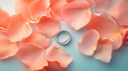 Romantic wedding rings resting on a soft pastel background with subtle rose petals.の素材