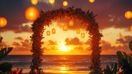 Romantic beach wedding arch with tropical flowers and lanterns, glowing softly under a fiery orange sunset. No people.の素材