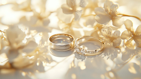 Wedding rings placed delicately on a light background with golden reflections and floral accents.の素材
