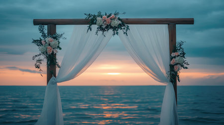 Romantic sunset beach wedding arch with white drapery and floral accents, overlooking serene turquoise waters. No people.の素材