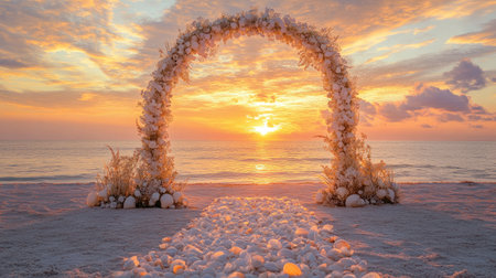 Soft floral beach wedding arch surrounded by seashell accents, glowing in the amber hues of a sunset. No people.の素材