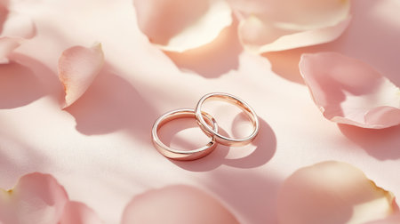 Romantic wedding rings resting on a soft pastel background with subtle rose petals.の素材