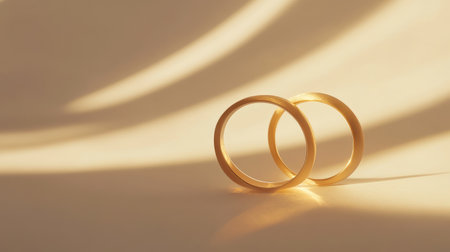 Two wedding bands resting on a minimalist light background, glowing softly in warm golden light.の素材