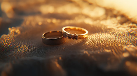 Wedding rings placed on a soft cream lace surface, glowing in golden sunset hues.の素材