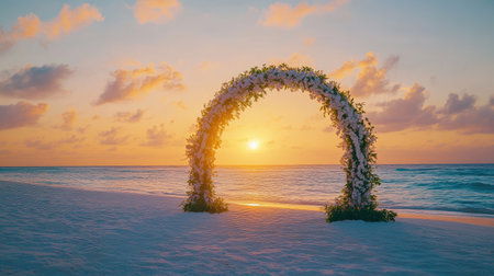 Sunset-lit beach wedding arch decorated with delicate blossoms, placed on white sands with gentle waves in the background. No people.の素材
